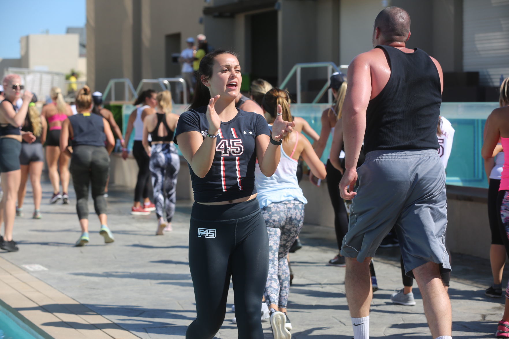 Actor Mark Wahlberg helps to lead a F45 track workout at Ocean Casino Resort in Atlantic City as part of the casino's one-year anniversary Saturday, June 22, 2019.